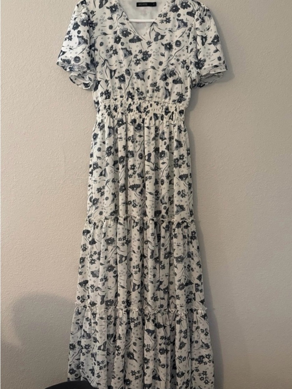 Mikarose White Maxi Dress with Navy Floral Pattern